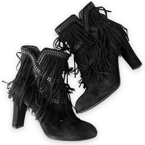 Sam Edelman Kaleb Black Fringed Booties Size 8.5 Heeled Ankle Boots Suede